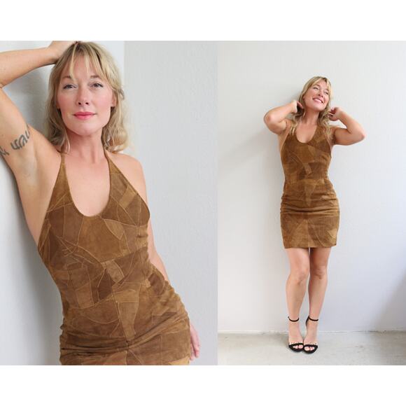 1990's Vintage Passport Geniune Leather Patchwork Mini Dress ~ Women's XS SM - Picture 1 of 10